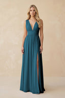 V - Neck A - Line Chiffon Ruched Bridesmaid Dress in Dark Teal - SHE IS ME Bridesmaid Dresses