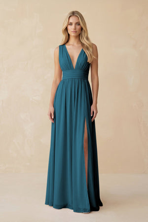 V - Neck A - Line Chiffon Ruched Bridesmaid Dress in Dark Teal - SHE IS ME Bridesmaid Dresses