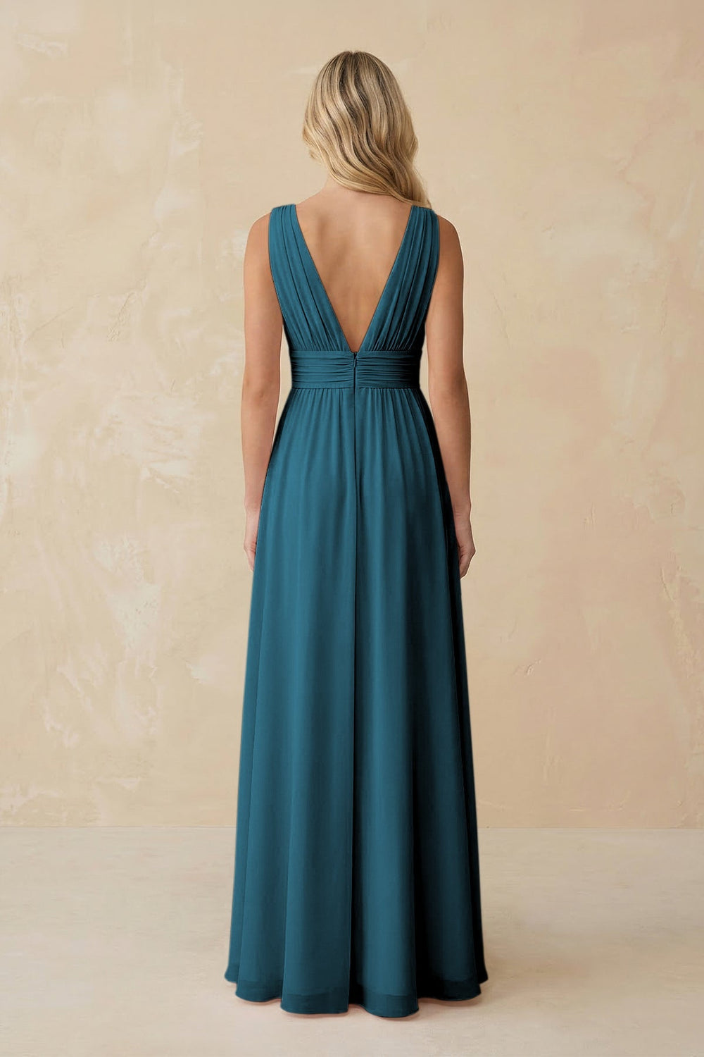 V - Neck A - Line Chiffon Ruched Bridesmaid Dress in Dark Teal - KISS BRIDAL Bridesmaid Dresses