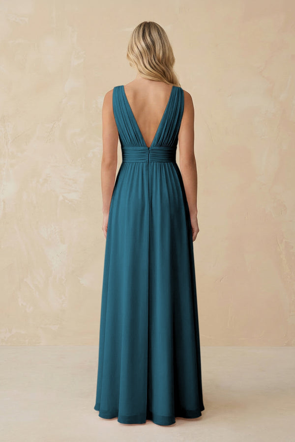 V - Neck A - Line Chiffon Ruched Bridesmaid Dress in Dark Teal - SHE IS ME Bridesmaid Dresses