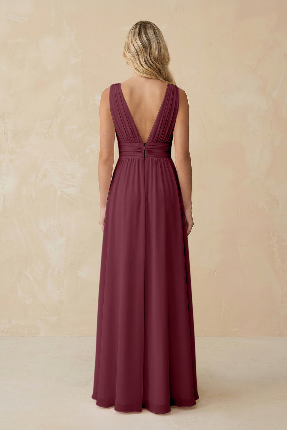 V-Neck A-Line Chiffon Ruched Bridesmaid Dress in Desert Rose