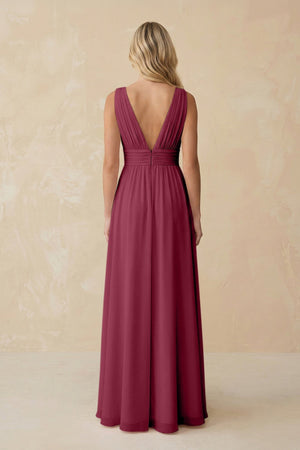 V - Neck A - Line Chiffon Ruched Bridesmaid Dress in Desert Rose - SHE IS ME Bridesmaid Dresses