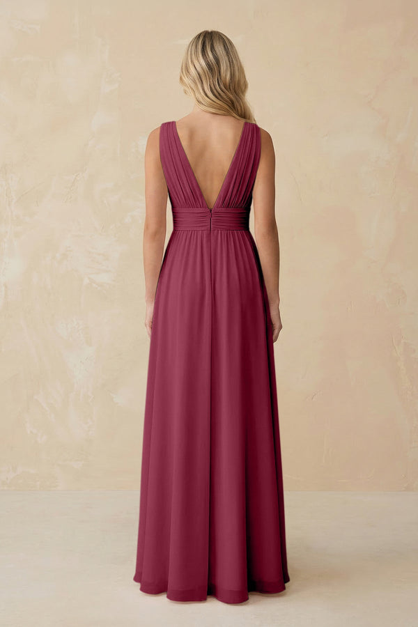 V - Neck A - Line Chiffon Ruched Bridesmaid Dress in Desert Rose - SHE IS ME Bridesmaid Dresses