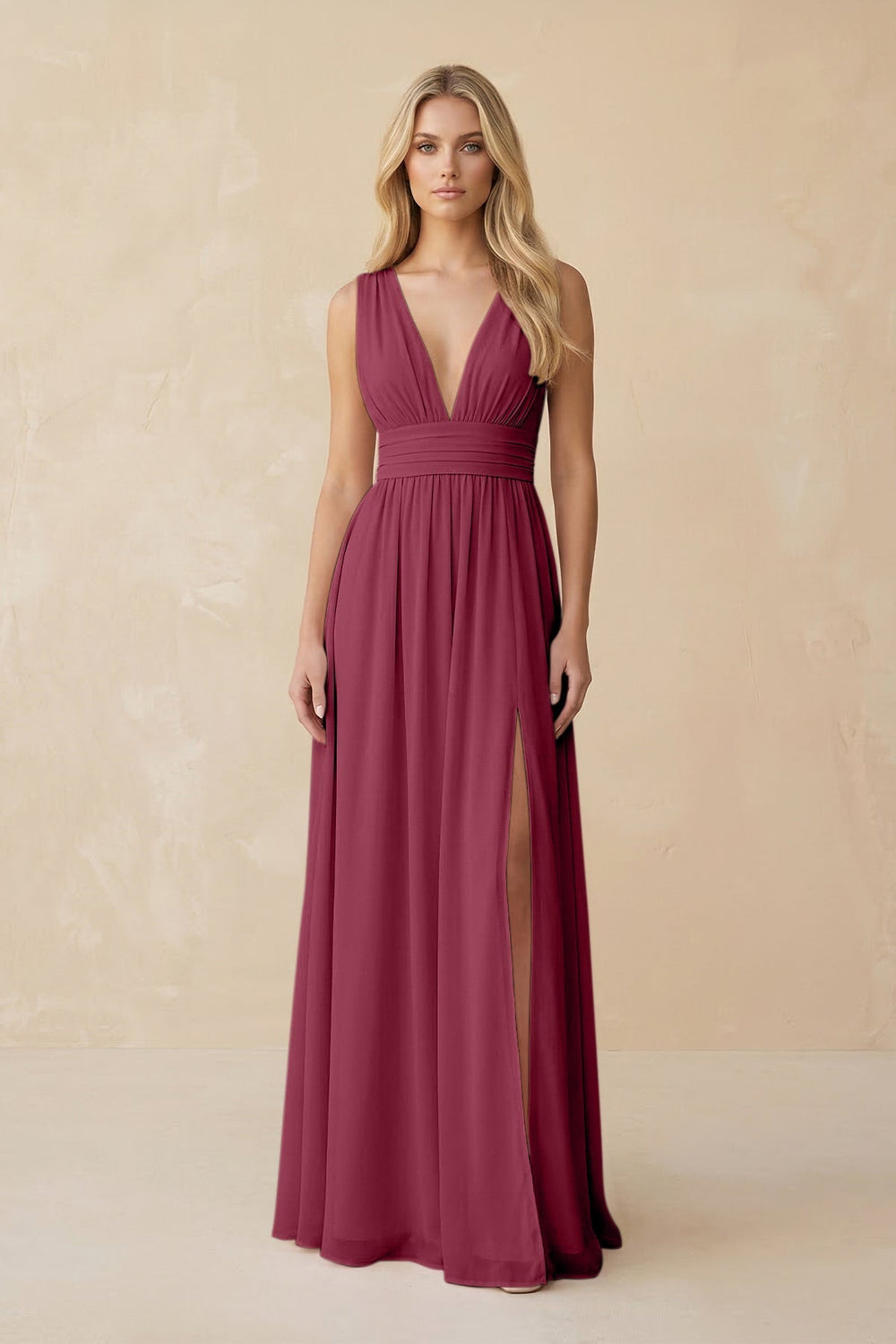 V - Neck A - Line Chiffon Ruched Bridesmaid Dress in Desert Rose - KISS BRIDAL Bridesmaid Dresses
