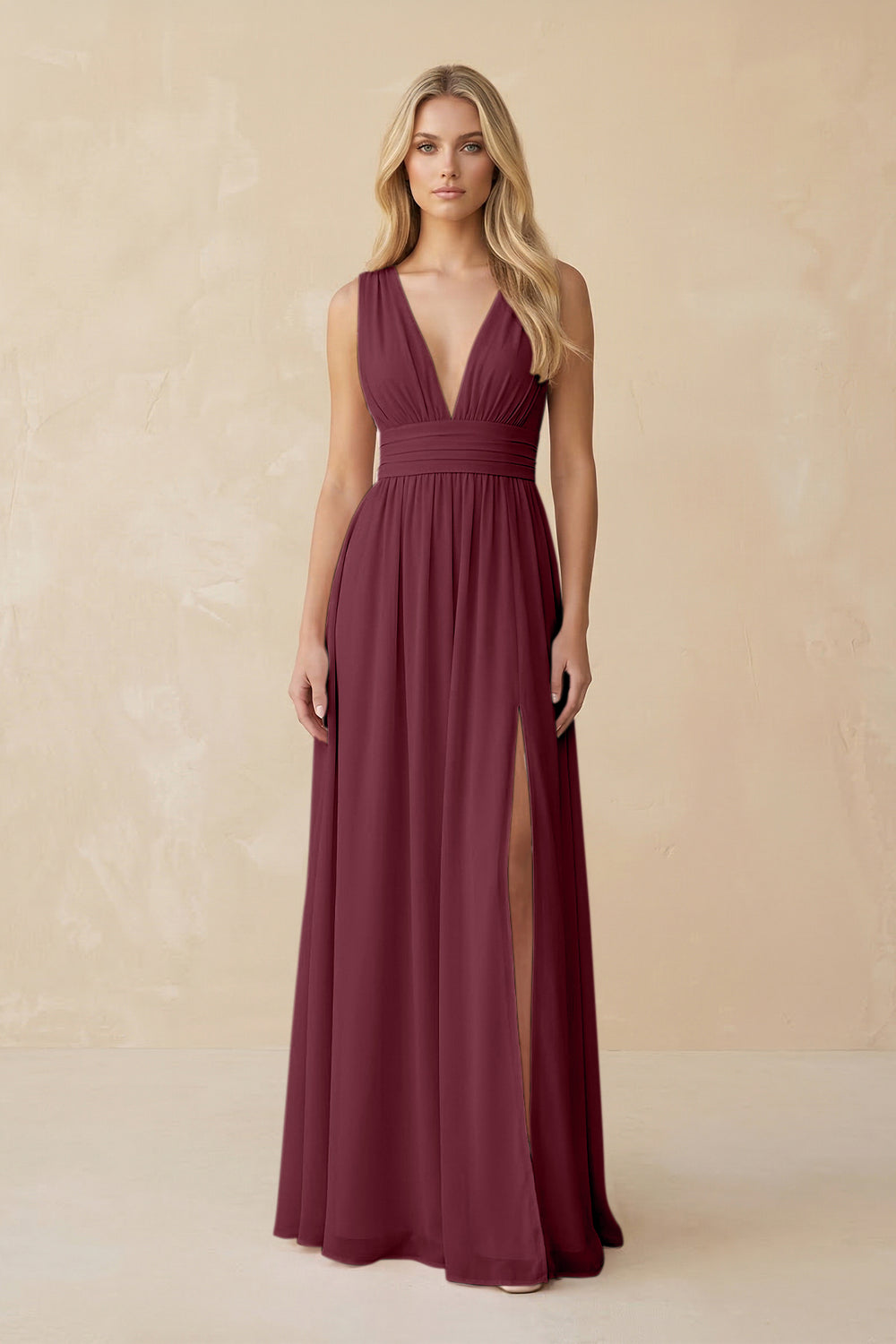 V-Neck A-Line Chiffon Ruched Bridesmaid Dress in Desert Rose