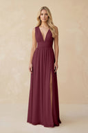 V-Neck A-Line Chiffon Ruched Bridesmaid Dress in Desert Rose | KISSBRIDAL