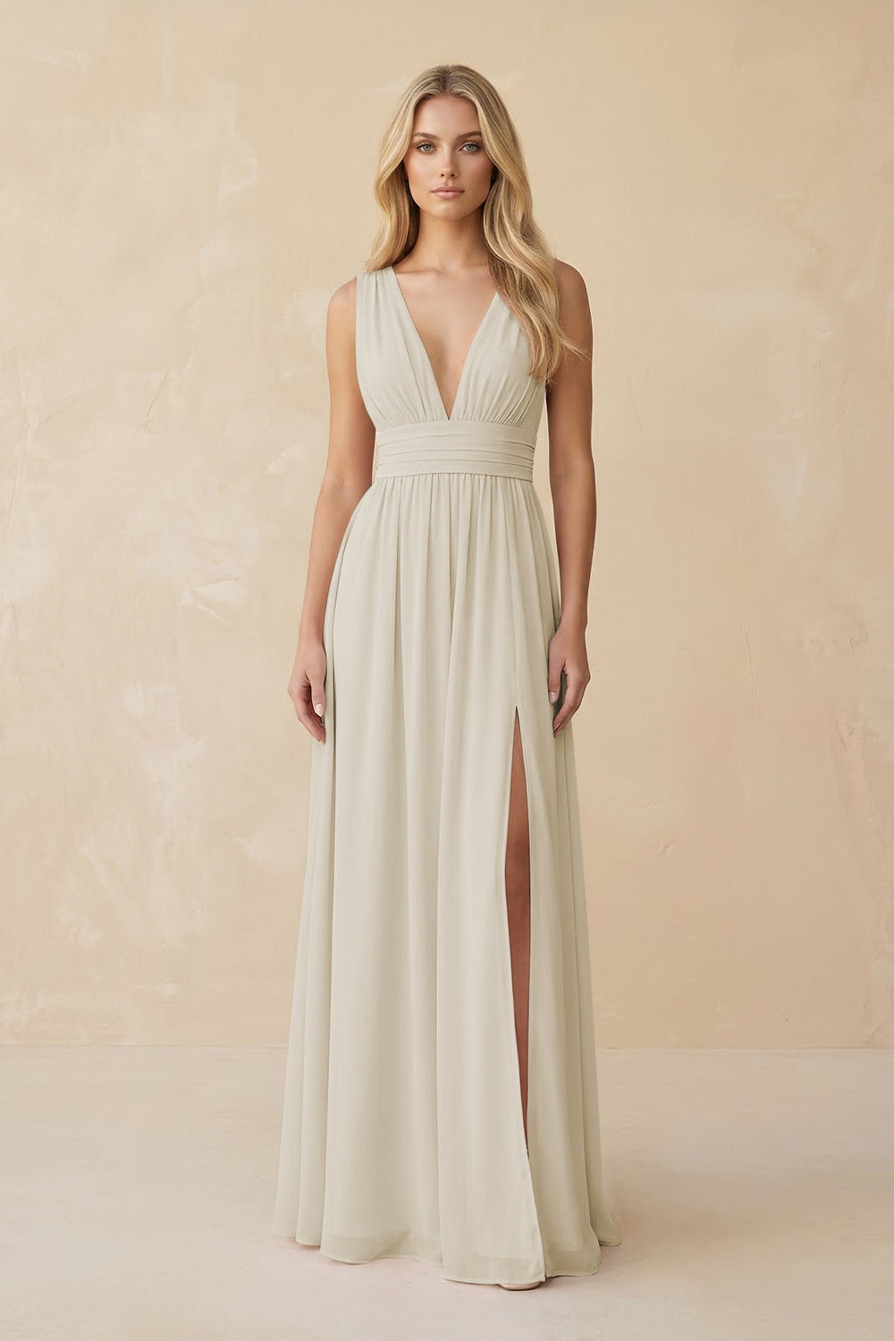V - Neck A - Line Chiffon Ruched Bridesmaid Dress in Dove Gray - KISS BRIDAL Bridesmaid Dresses