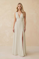 V - Neck A - Line Chiffon Ruched Bridesmaid Dress in Dove Gray - SHE IS ME Bridesmaid Dresses