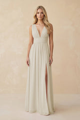 V - Neck A - Line Chiffon Ruched Bridesmaid Dress in Dove Gray - KISS BRIDAL Bridesmaid Dresses