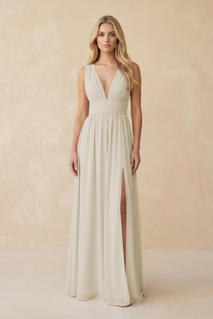 V - Neck A - Line Chiffon Ruched Bridesmaid Dress in Dove Gray - SHE IS ME Bridesmaid Dresses