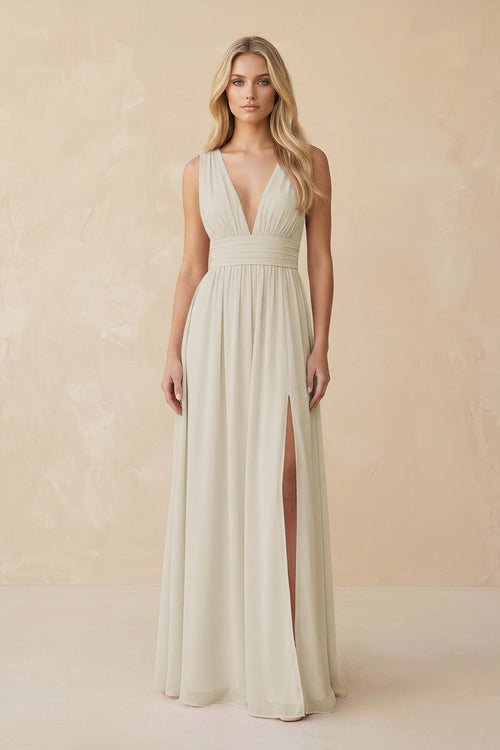 V - Neck A - Line Chiffon Ruched Bridesmaid Dress in Dove Gray - SHE IS ME Bridesmaid Dresses