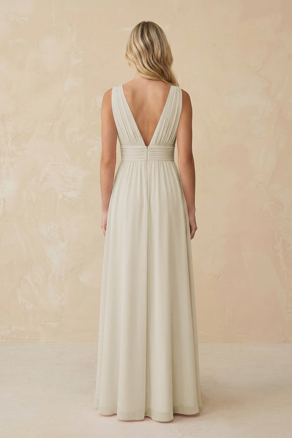 V - Neck A - Line Chiffon Ruched Bridesmaid Dress in Dove Gray - SHE IS ME Bridesmaid Dresses