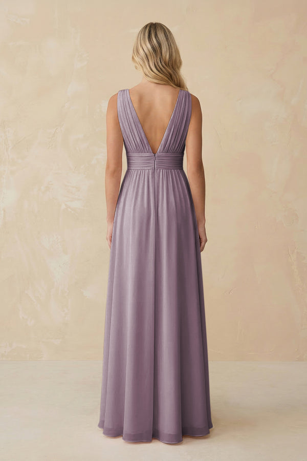 V-Neck A-Line Chiffon Ruched Bridesmaid Dress in Dusk (2) | KISSBRIDAL