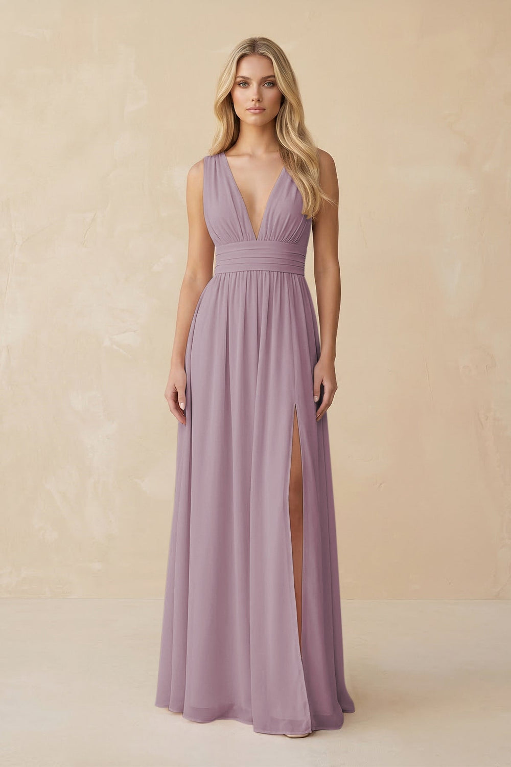 V - Neck A - Line Chiffon Ruched Bridesmaid Dress in Dusk - KISS BRIDAL Bridesmaid Dresses
