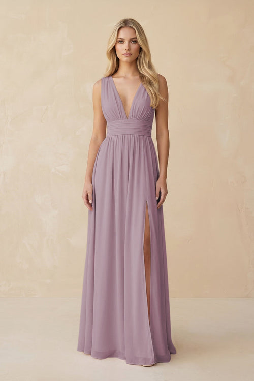 V - Neck A - Line Chiffon Ruched Bridesmaid Dress in Dusk - SHE IS ME Bridesmaid Dresses