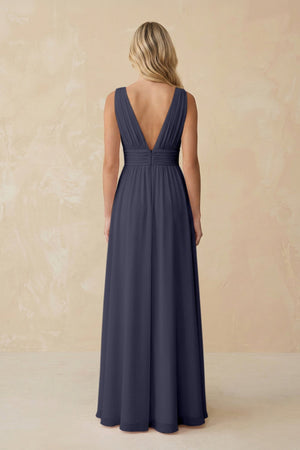 V - Neck A - Line Chiffon Ruched Bridesmaid Dress in Dusk Blue - SHE IS ME Bridesmaid Dresses