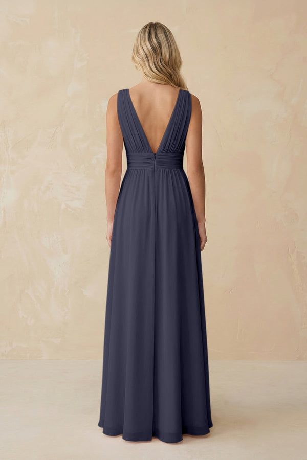 V - Neck A - Line Chiffon Ruched Bridesmaid Dress in Dusk Blue - SHE IS ME Bridesmaid Dresses