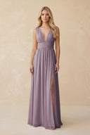 V-Neck A-Line Chiffon Ruched Bridesmaid Dress in Dusk | KISSBRIDAL