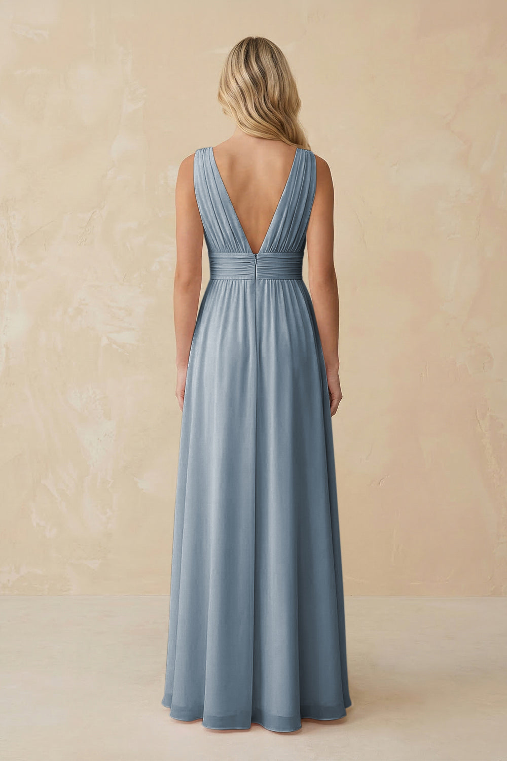 V-Neck A-Line Chiffon Ruched Bridesmaid Dress in Dusty Blue