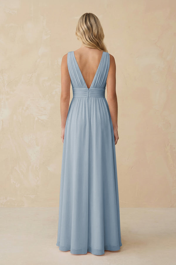 V - Neck A - Line Chiffon Ruched Bridesmaid Dress in Dusty Blue - SHE IS ME Bridesmaid Dresses