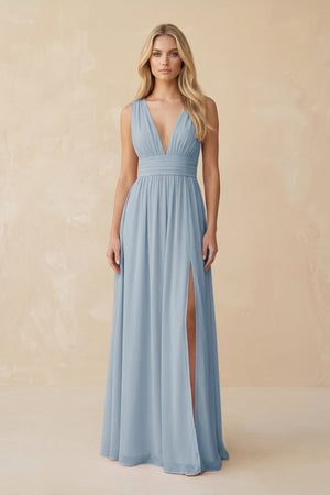 V - Neck A - Line Chiffon Ruched Bridesmaid Dress in Dusty Blue - SHE IS ME Bridesmaid Dresses
