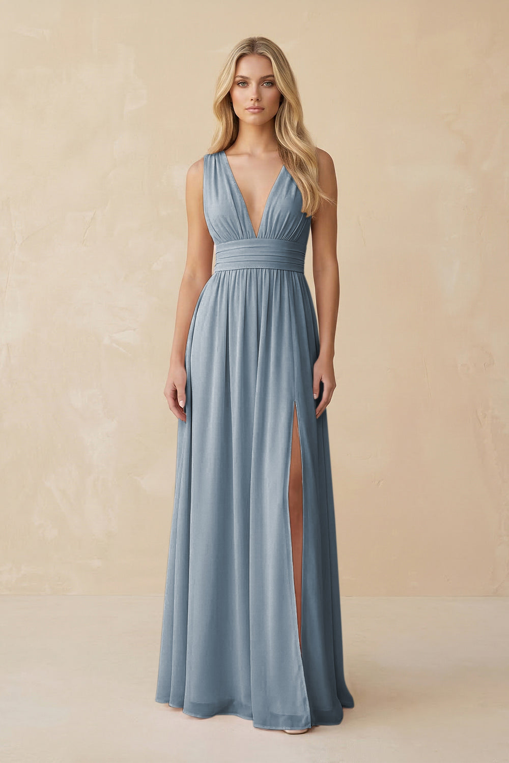 V-Neck A-Line Chiffon Ruched Bridesmaid Dress in Dusty Blue
