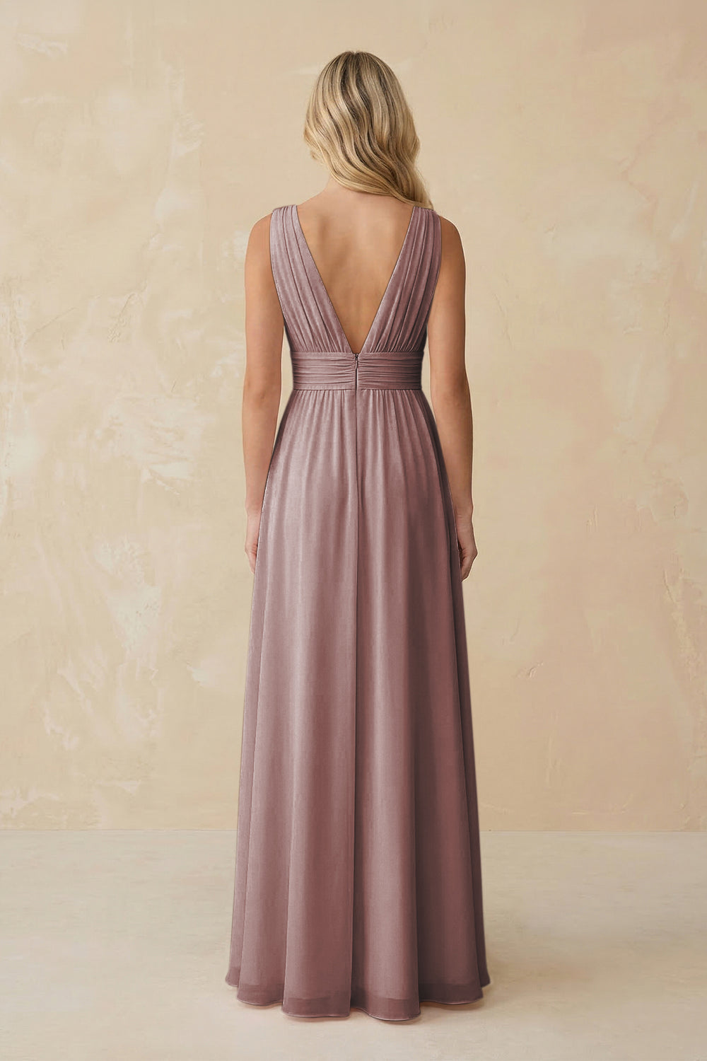 V-Neck A-Line Chiffon Ruched Bridesmaid Dress in Dusty Rose