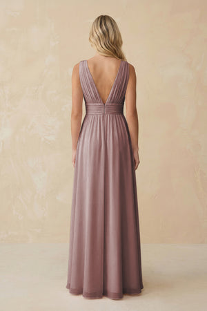 V-Neck A-Line Chiffon Ruched Bridesmaid Dress in Dusty Rose (2) | KISSBRIDAL