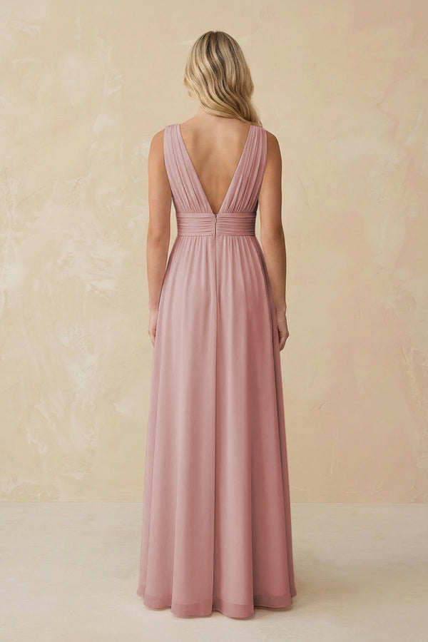 V - Neck A - Line Chiffon Ruched Bridesmaid Dress in Dusty Rose - SHE IS ME Bridesmaid Dresses