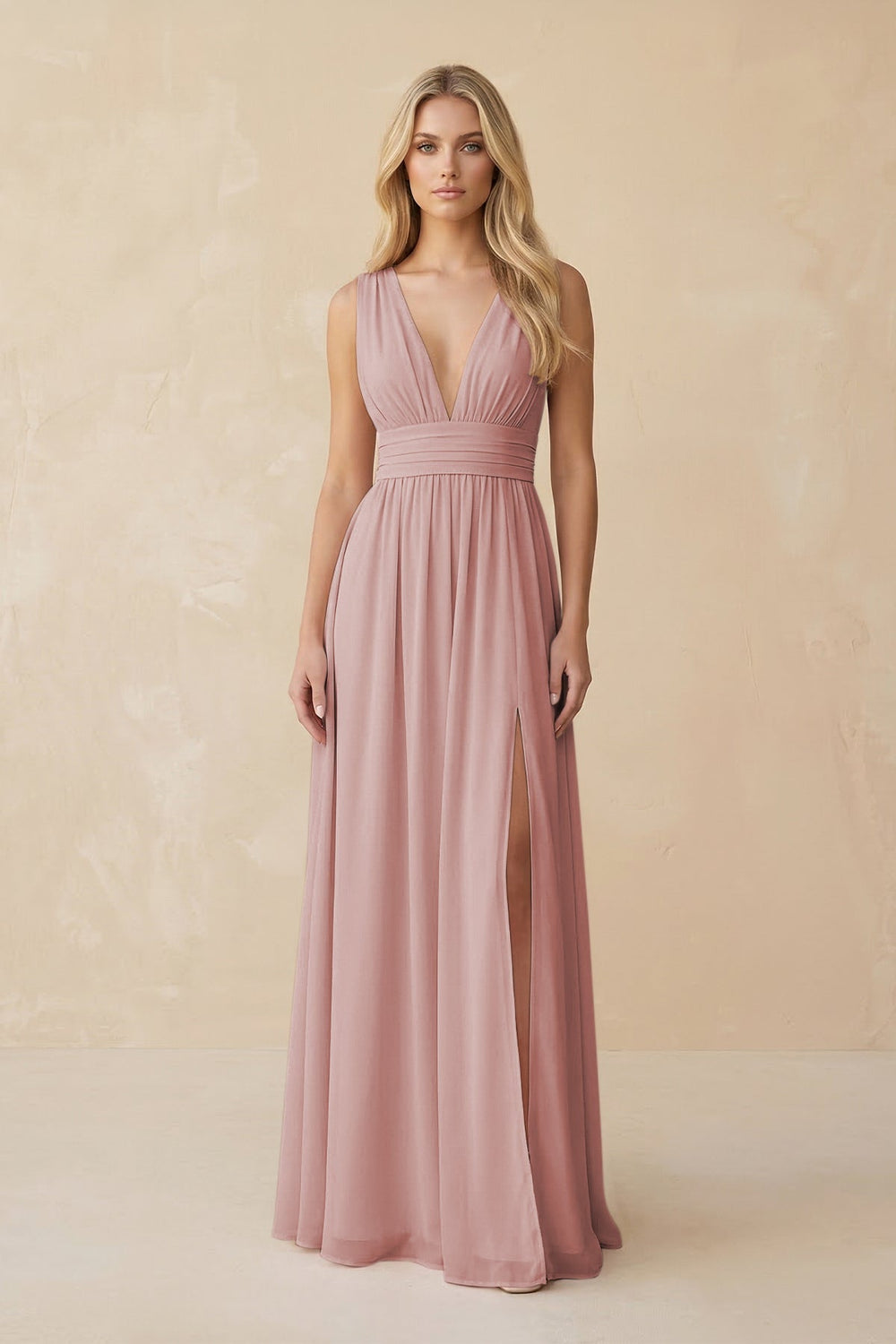 V - Neck A - Line Chiffon Ruched Bridesmaid Dress in Dusty Rose - KISS BRIDAL Bridesmaid Dresses