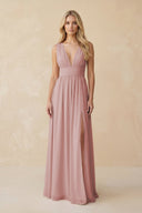 V - Neck A - Line Chiffon Ruched Bridesmaid Dress in Dusty Rose - SHE IS ME Bridesmaid Dresses