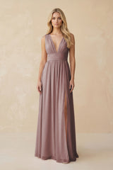 V-Neck A-Line Chiffon Ruched Bridesmaid Dress in Dusty Rose | KISSBRIDAL