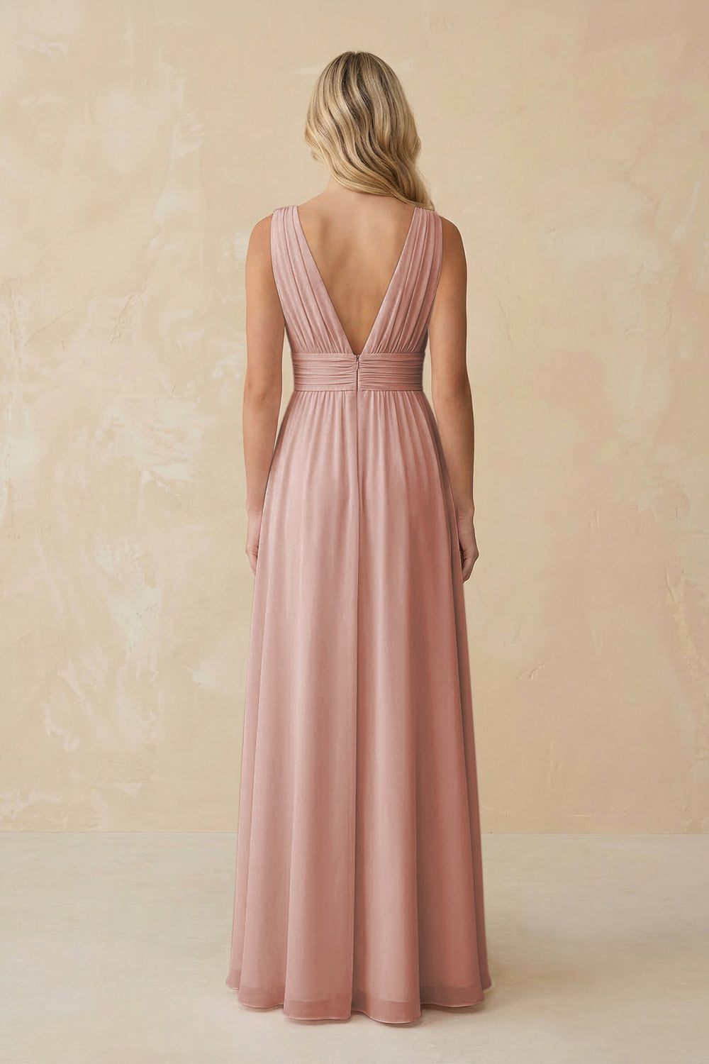 V-Neck A-Line Chiffon Ruched Bridesmaid Dress in English Rose