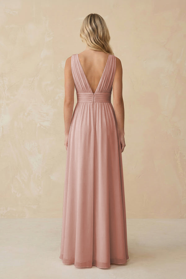 V-Neck A-Line Chiffon Ruched Bridesmaid Dress in English Rose (2) | KISSBRIDAL