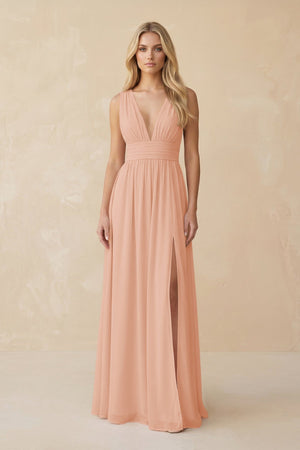 V - Neck A - Line Chiffon Ruched Bridesmaid Dress in English Rose - SHE IS ME Bridesmaid Dresses