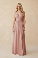 V-Neck A-Line Chiffon Ruched Bridesmaid Dress in English Rose | KISSBRIDAL