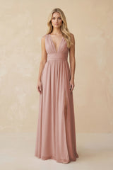 V-Neck A-Line Chiffon Ruched Bridesmaid Dress in English Rose | KISSBRIDAL