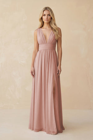 V-Neck A-Line Chiffon Ruched Bridesmaid Dress in English Rose | KISSBRIDAL