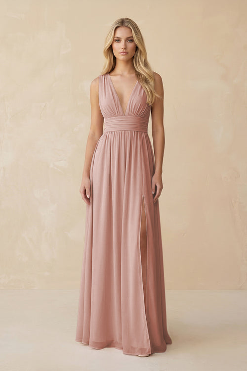 V-Neck A-Line Chiffon Ruched Bridesmaid Dress in English Rose | KISSBRIDAL