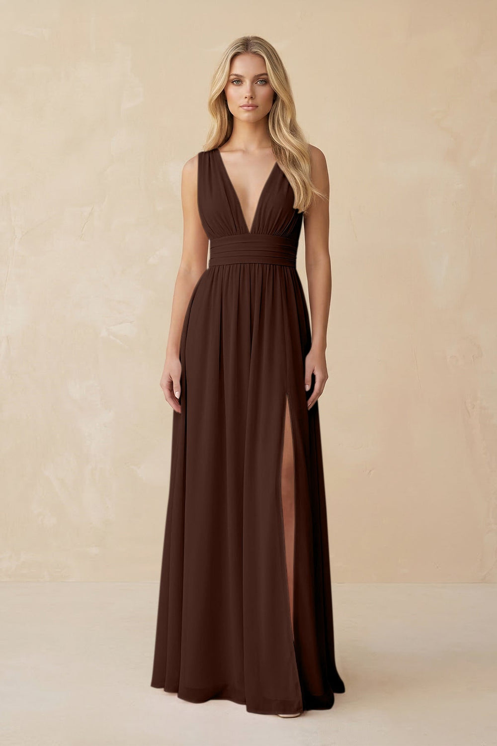 V - Neck A - Line Chiffon Ruched Bridesmaid Dress in Espresso - KISS BRIDAL Bridesmaid Dresses