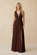 V - Neck A - Line Chiffon Ruched Bridesmaid Dress in Espresso - SHE IS ME Bridesmaid Dresses