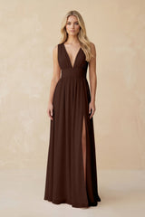 V - Neck A - Line Chiffon Ruched Bridesmaid Dress in Espresso - KISS BRIDAL Bridesmaid Dresses