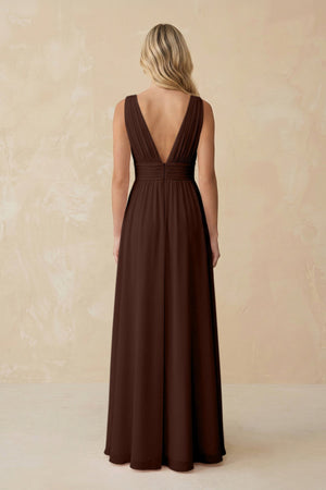 V - Neck A - Line Chiffon Ruched Bridesmaid Dress in Espresso - SHE IS ME Bridesmaid Dresses