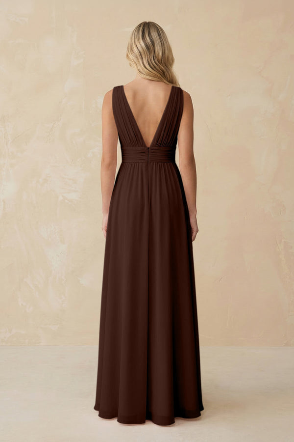 V - Neck A - Line Chiffon Ruched Bridesmaid Dress in Espresso - SHE IS ME Bridesmaid Dresses