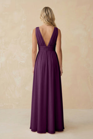 V-Neck A-Line Chiffon Ruched Bridesmaid Dress in Fig (2) | KISSBRIDAL