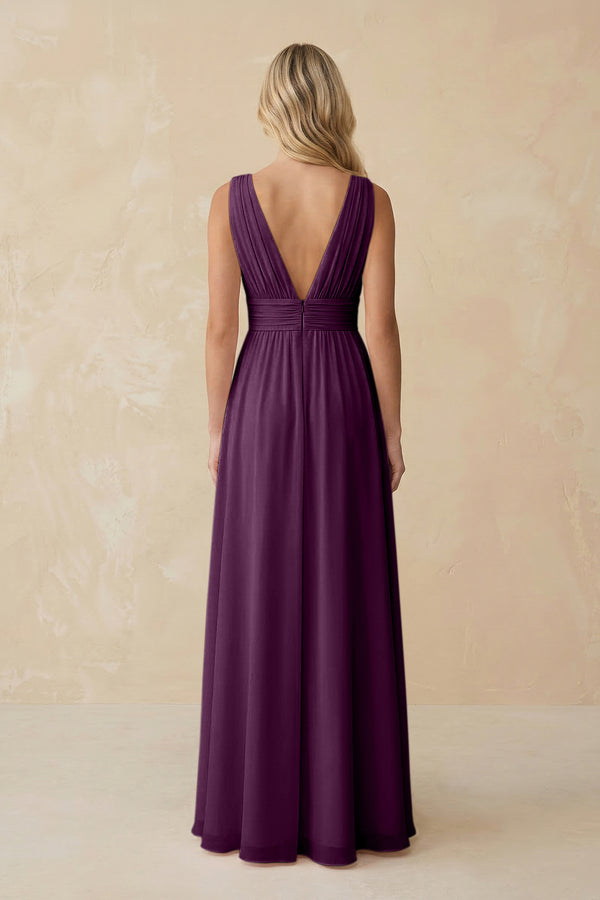 V-Neck A-Line Chiffon Ruched Bridesmaid Dress in Fig (2) | KISSBRIDAL