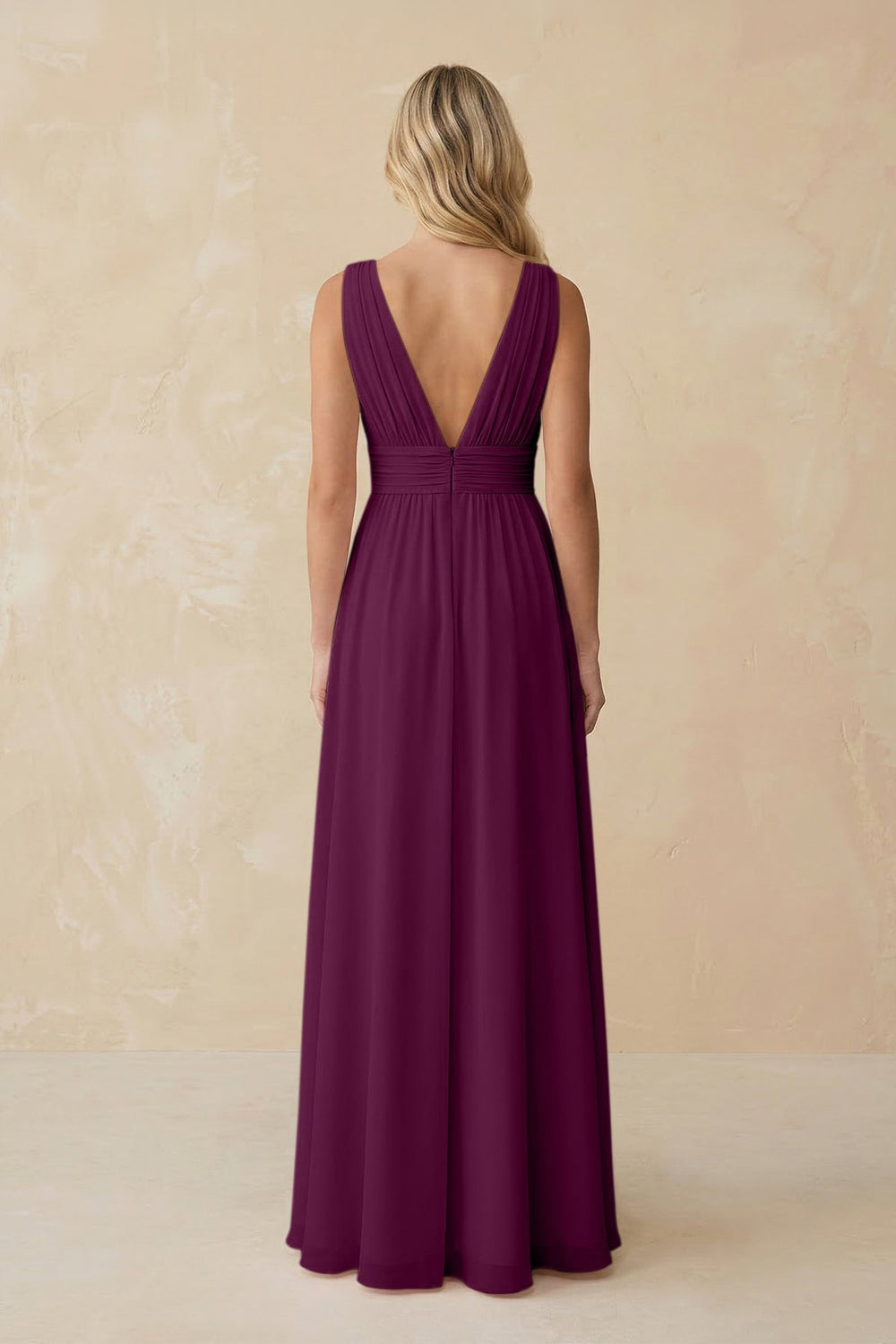 V - Neck A - Line Chiffon Ruched Bridesmaid Dress in Fig - KISS BRIDAL Bridesmaid Dresses