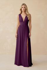 V-Neck A-Line Chiffon Ruched Bridesmaid Dress in Fig | KISSBRIDAL