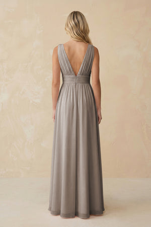 V-Neck A-Line Chiffon Ruched Bridesmaid Dress in Frost (2) | KISSBRIDAL