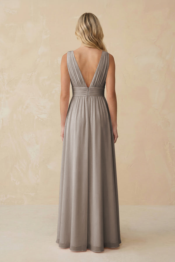 V-Neck A-Line Chiffon Ruched Bridesmaid Dress in Frost (2) | KISSBRIDAL